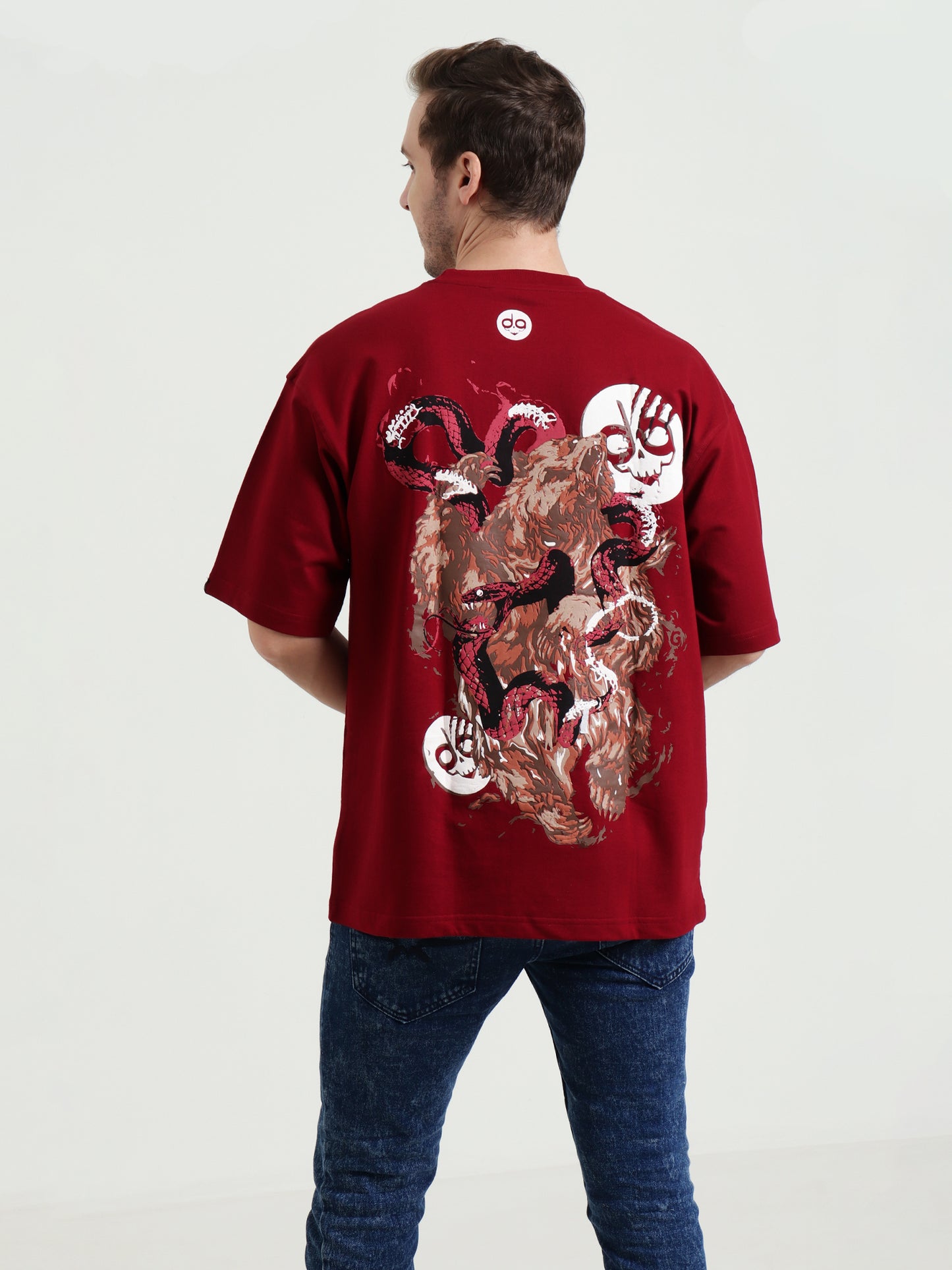 Bear & Python Fight  Oversized Red Unisex T-Shirt – Puff Print