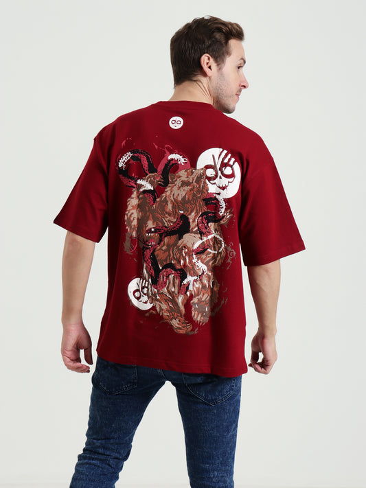Demongod Oversized Red Unisex T-Shirt – "Bear vs Snake" Puff Print
