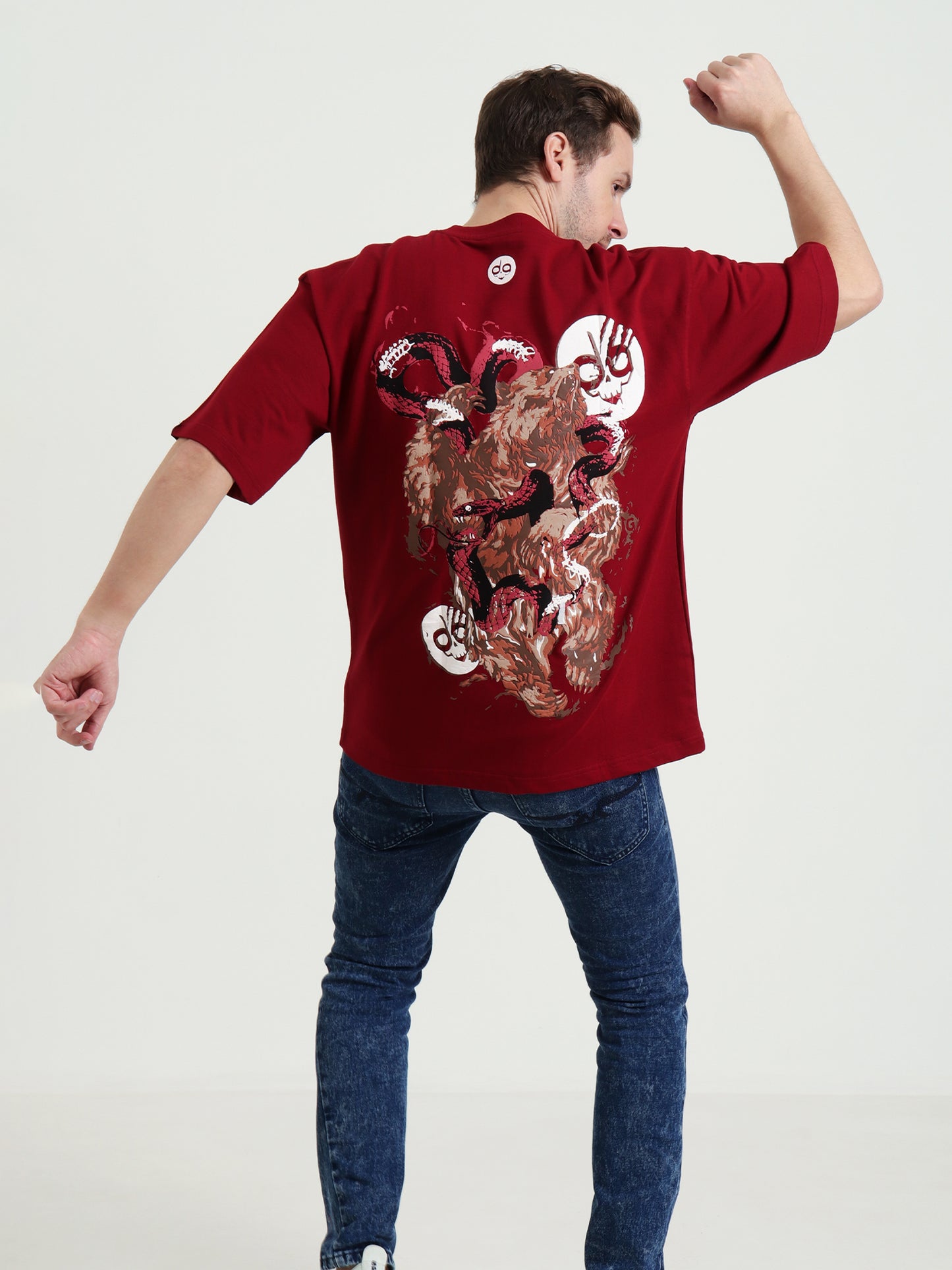 Bear & Python Fight  Oversized Red Unisex T-Shirt – Puff Print