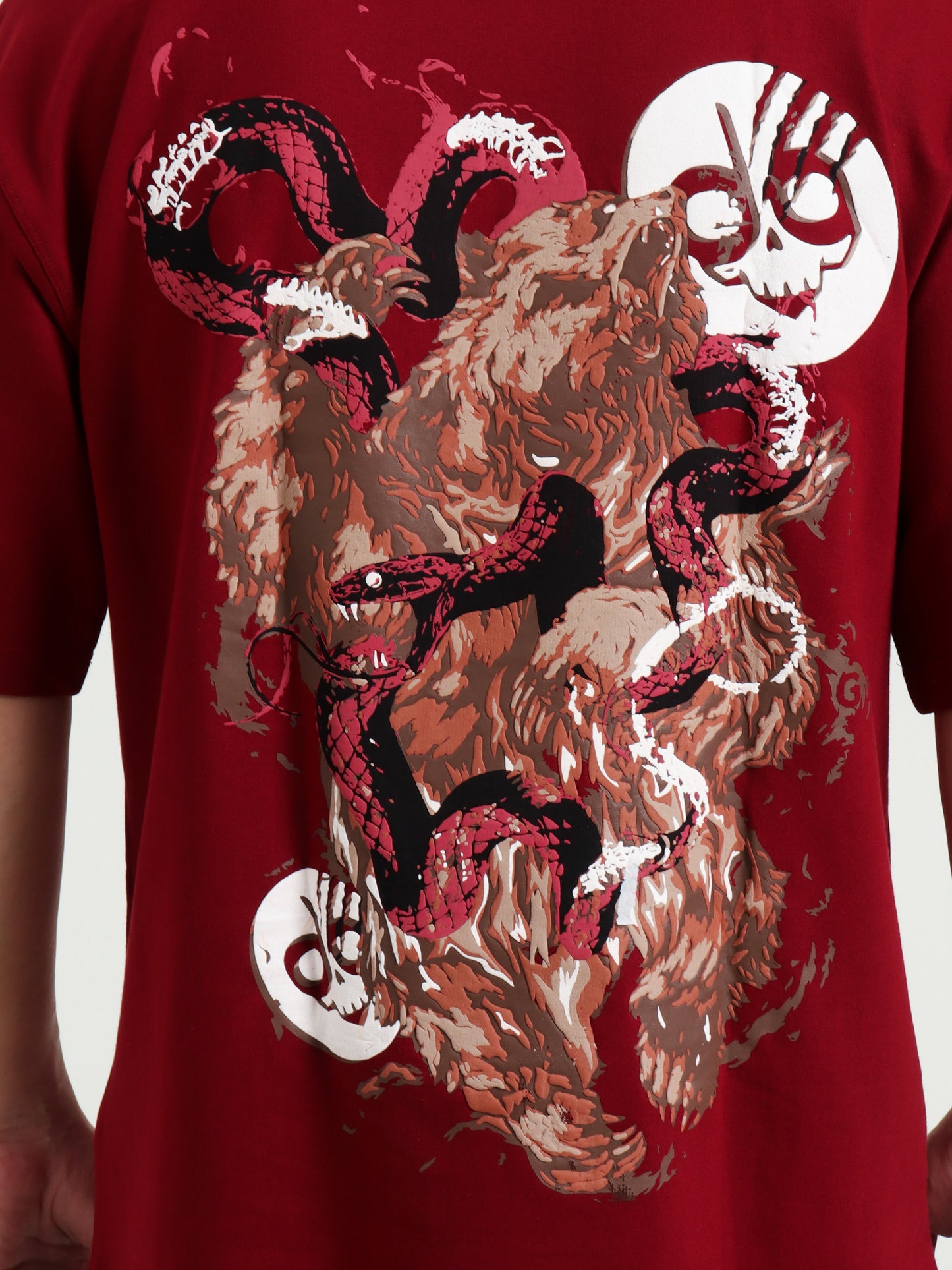 Bear & Python Fight  Oversized Red Unisex T-Shirt – Puff Print