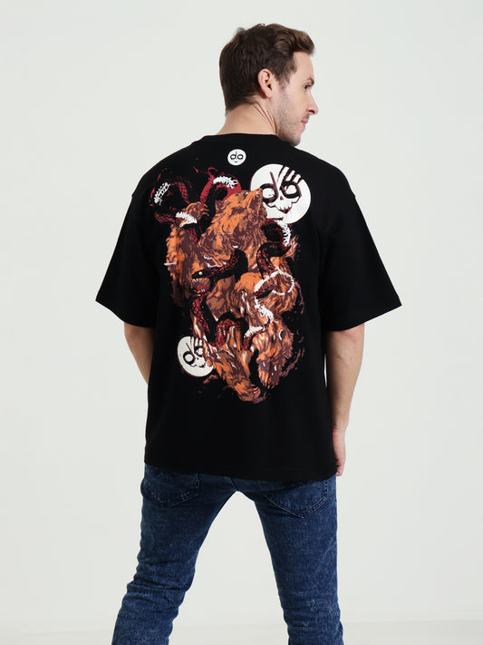 DemonGod Unisex Oversized "Beer vs Snake" Black Puff Print Tee